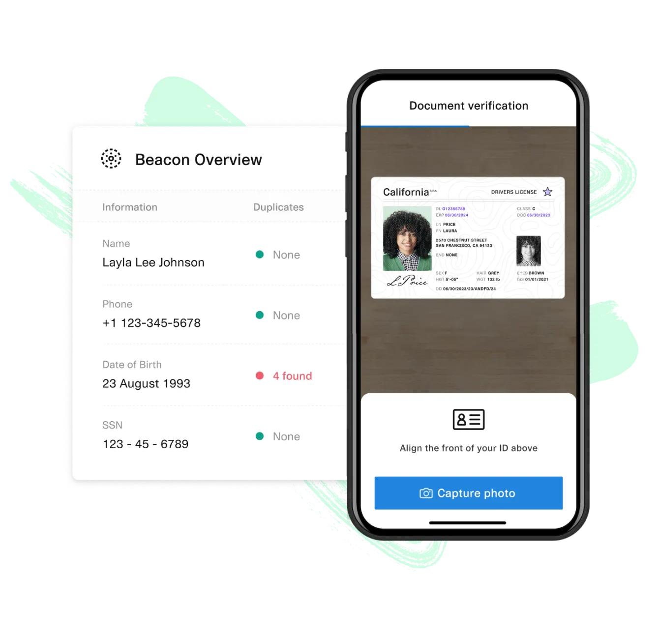 cell phone with woman's id being captured next to beacon overview with woman's name and personal information