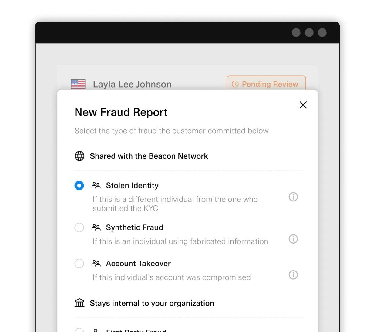 new fraud report shared with Beacon network with Stolen Identity selected