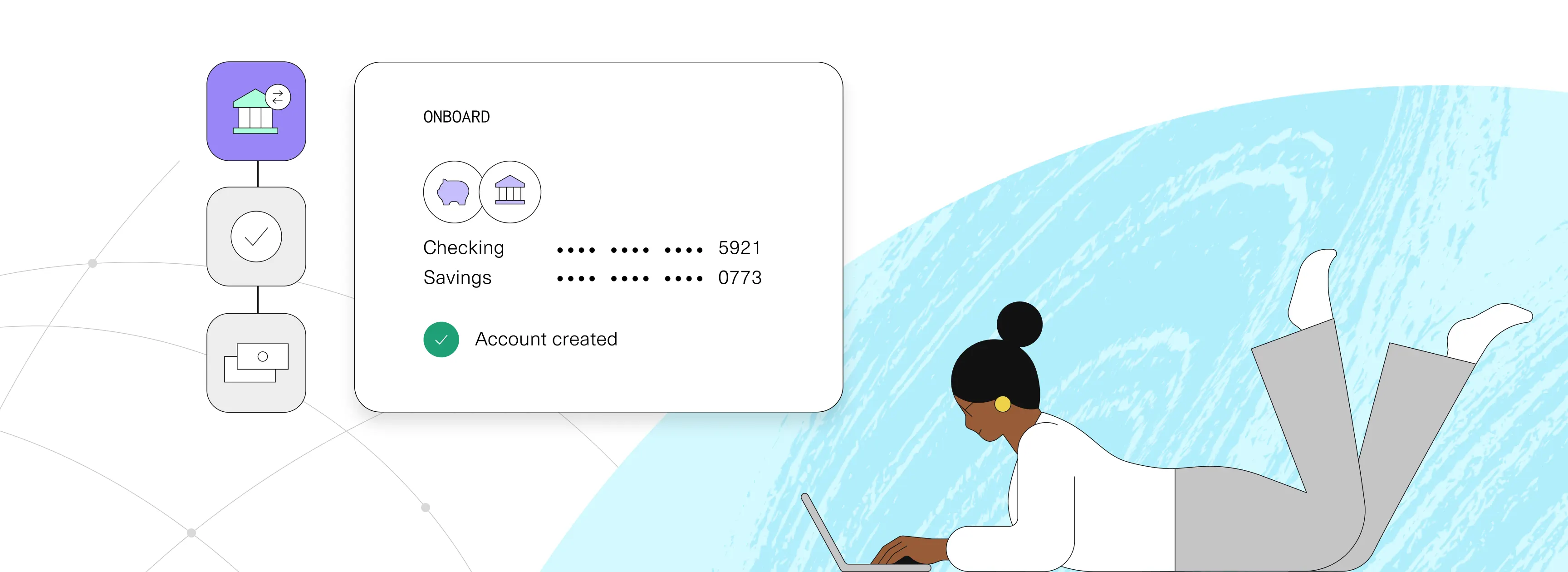 plaid onboarding with successful account creation and woman using laptop