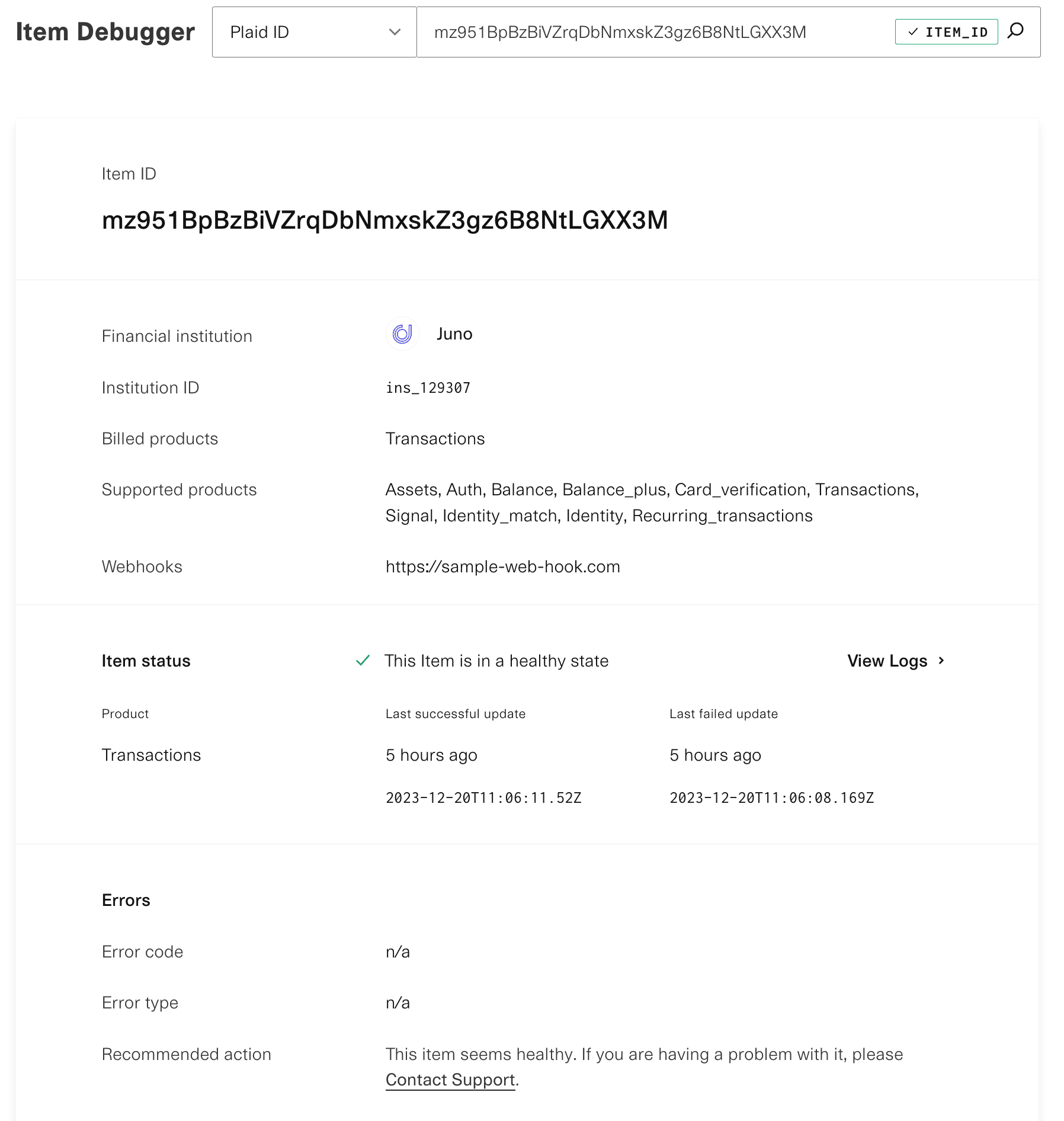 A detailed image of a healthy Item displayed in the Item debugger