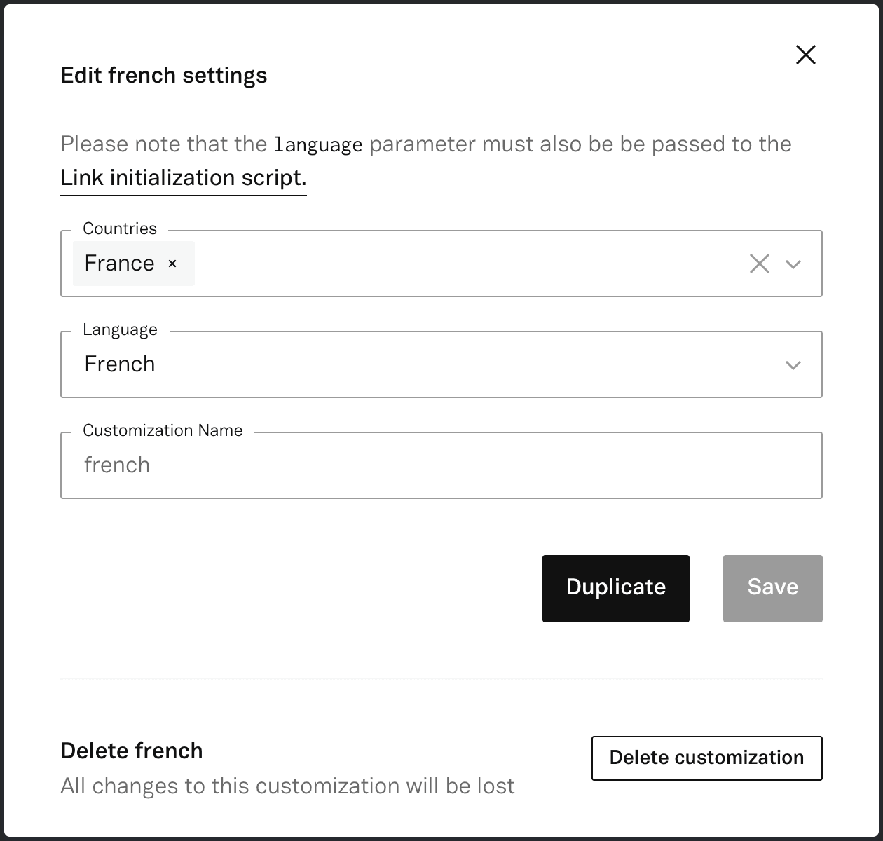 Screenshot of Link customization pane