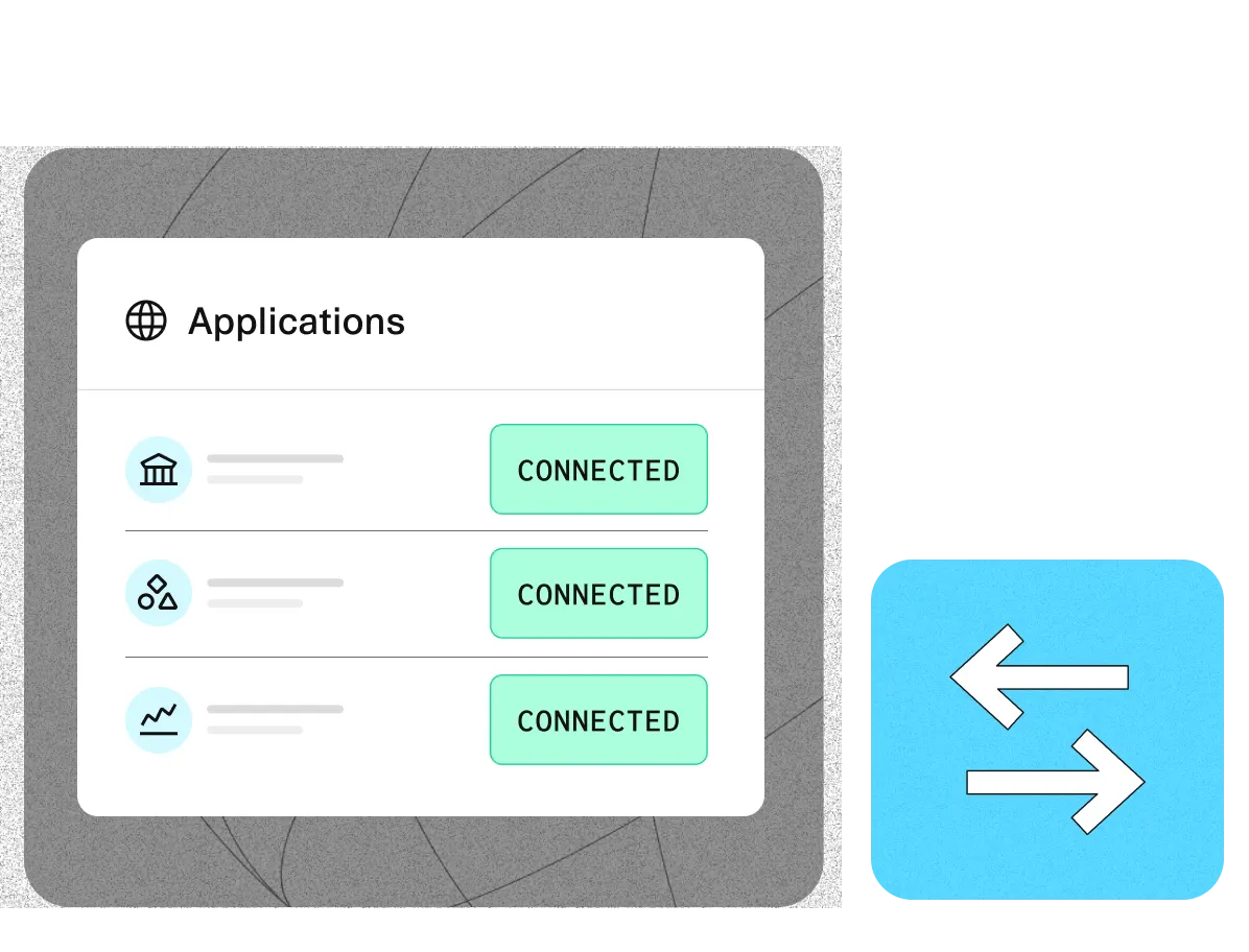 Digital interface displaying a list of applications with connection status indicators, alongside a blue sync icon. Represents seamless integration and synchronization of apps.