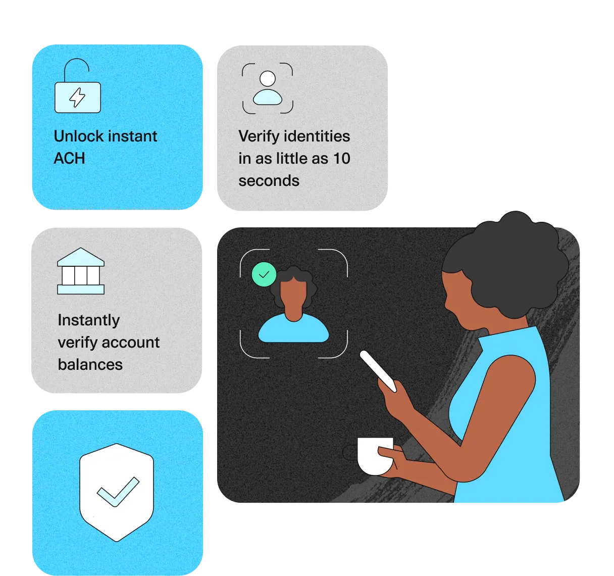 Woman drinking tea with mobile phone and steps for securing transactions, including instant ACH and identity verification.
