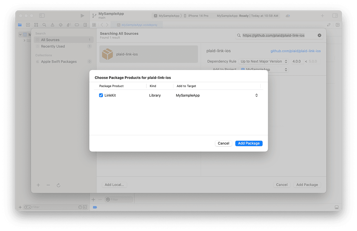 Screenshot showing the Choose Package Products for plaid-link-ios dialogue in Xcode
