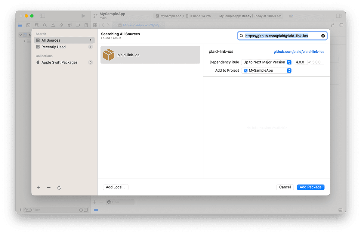Screenshot showing where and which Swift package url to enter in Xcode to add the Plaid Link Swift package