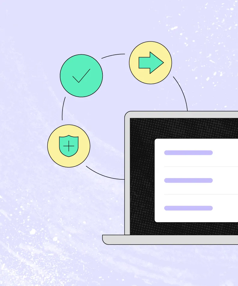 Pink background. Laptop with a black screen and white rectangle centered on the laptop screen. Behind the laptop is a thin line forming a circle. The thin line has three smaller circles centered on it. Two of the smaller circles are yellow and one is green.