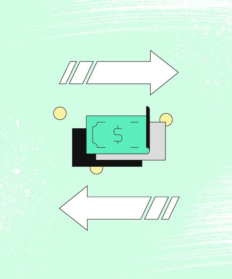 Yellow image with two white horizontal arrows pointing left and right. Between the white arrows is a green dollar bill.