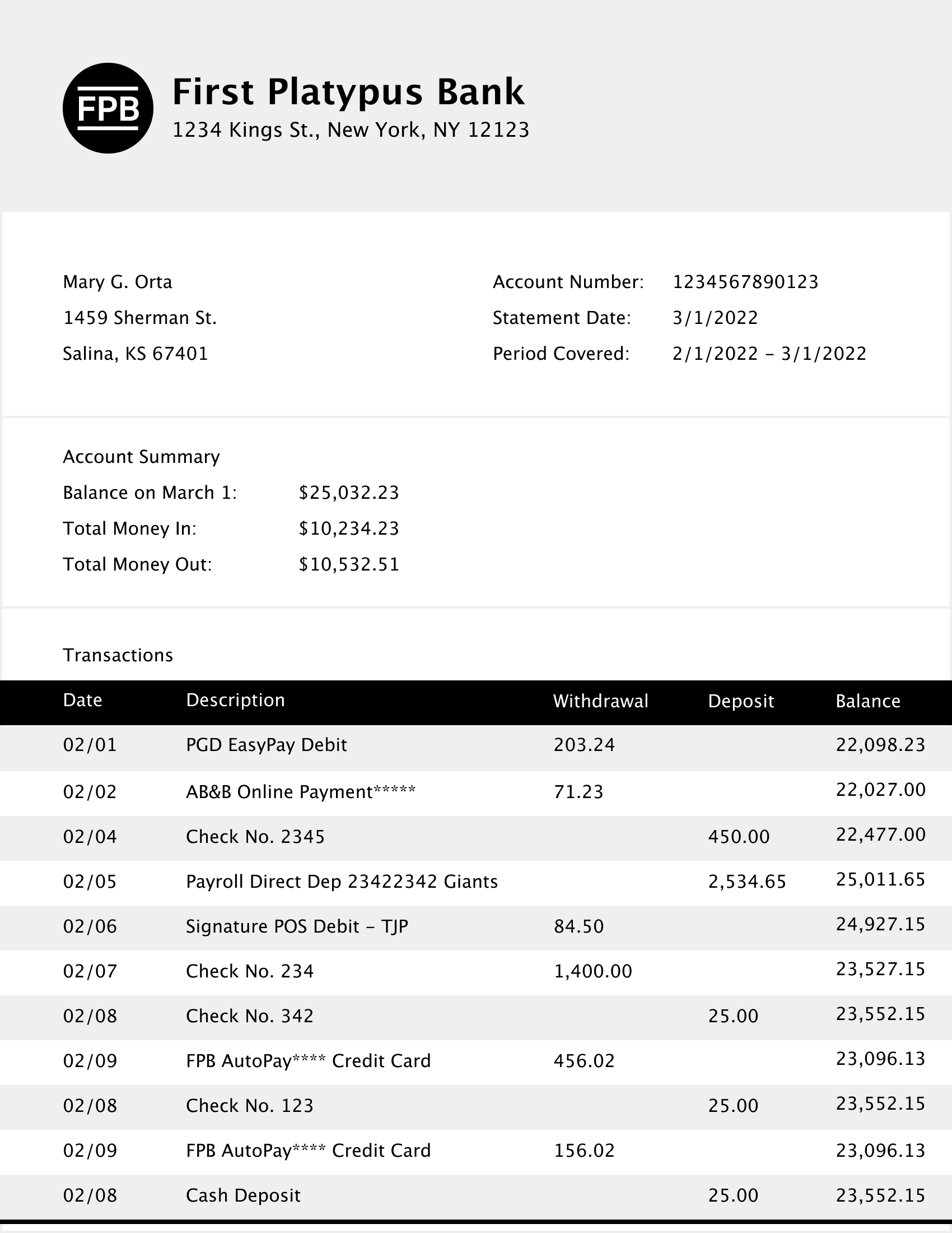 Sample bank statement retrieved with /statements/download