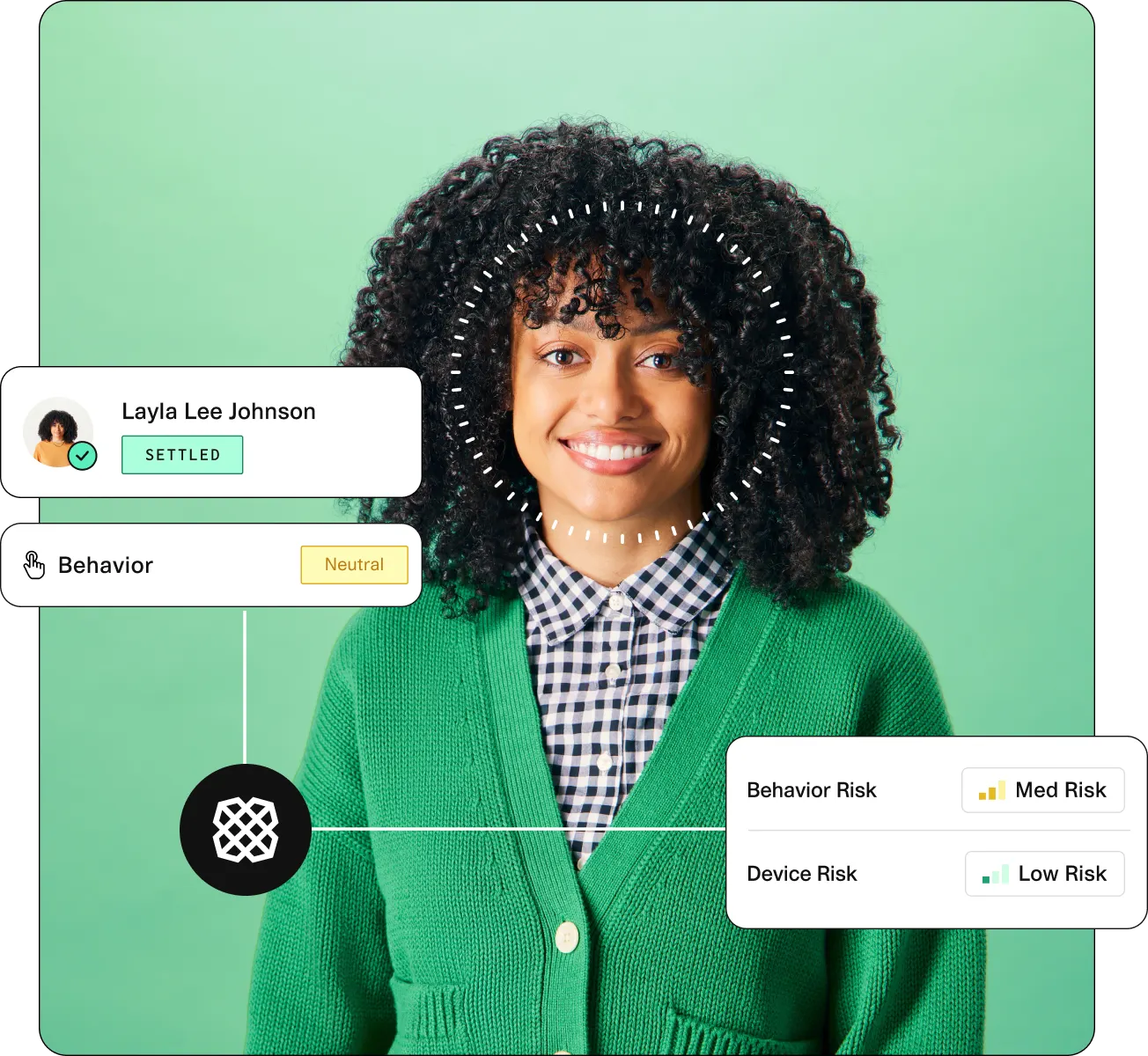 User profile visualization showcasing a cheerful woman, with indicators highlighting behavior assessments and risk evaluations. Illustrates proactive fraud prevention through data insights.
