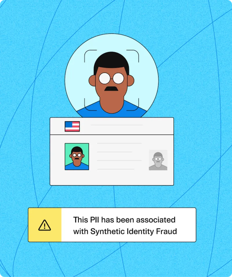 man with identification card and sythetic identity fraud warning