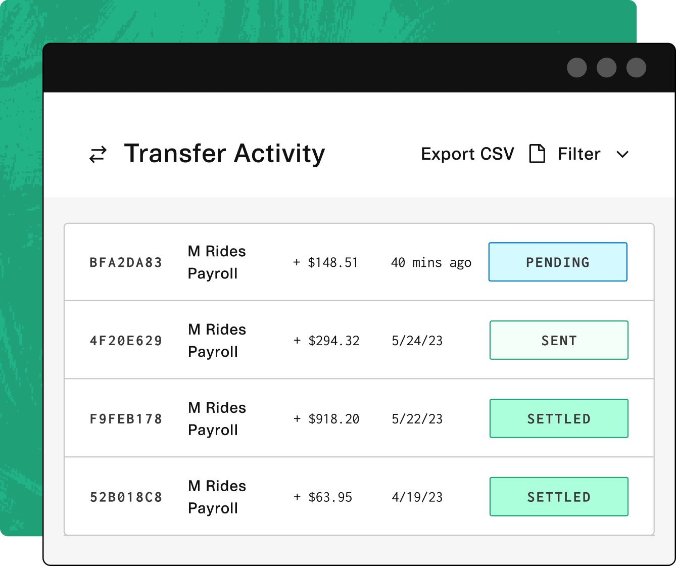 Green image displaying the words "transaction activity"
